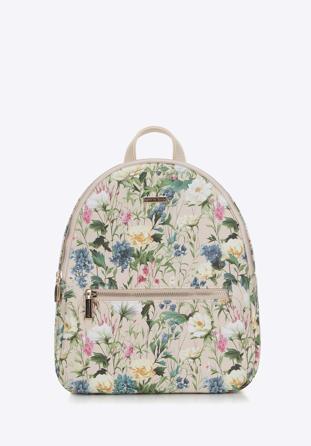 Women's faux leather backpack purse with floral print, light beige, 98-4Y-204-9, Photo 1