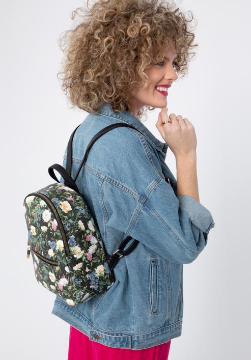 Women's faux leather backpack purse with floral print, black, 98-4Y-204-0, Photo 15