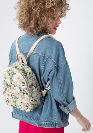Women's faux leather backpack purse with floral print, light beige, 98-4Y-204-9, Photo 1