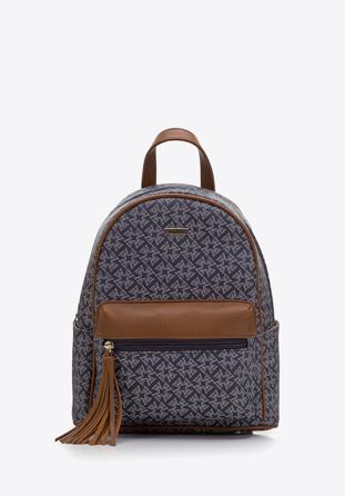 Women's faux leather monogram backpack, navy blue-brown, 97-4Y-237-7, Photo 1