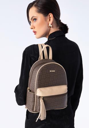 Women's faux leather monogram backpack, brown-beige, 97-4Y-237-4, Photo 1