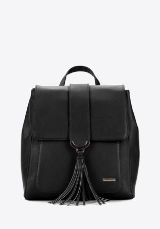 Women's faux leather backpack purse with tassel detail, black, 96-4Y-215-1, Photo 1