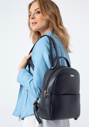 Women's faux leather backpack with front pocket, navy blue, 97-4Y-535-7, Photo 1