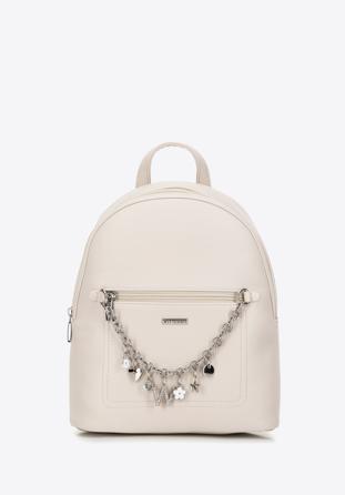 Faux leather backpack with decorative chain detail, cream, 98-4Y-505-0, Photo 1
