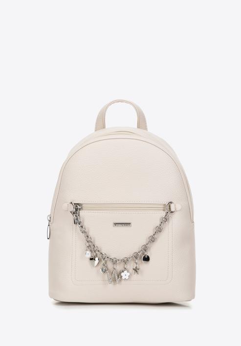 Faux leather backpack with decorative chain detail, cream, 98-4Y-505-P, Photo 1