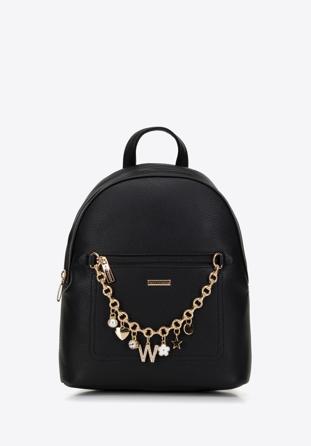 Faux leather backpack with decorative chain detail, black-gold, 98-4Y-505-1G, Photo 1