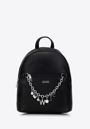 Faux leather backpack with decorative chain detail, black-silver, 98-4Y-505-1S, Photo 1