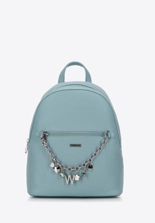 Faux leather backpack with decorative chain detail, blue, 98-4Y-505-N, Photo 1