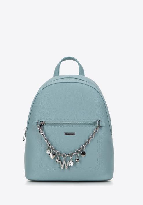 Faux leather backpack with decorative chain detail, blue, 98-4Y-505-1G, Photo 1