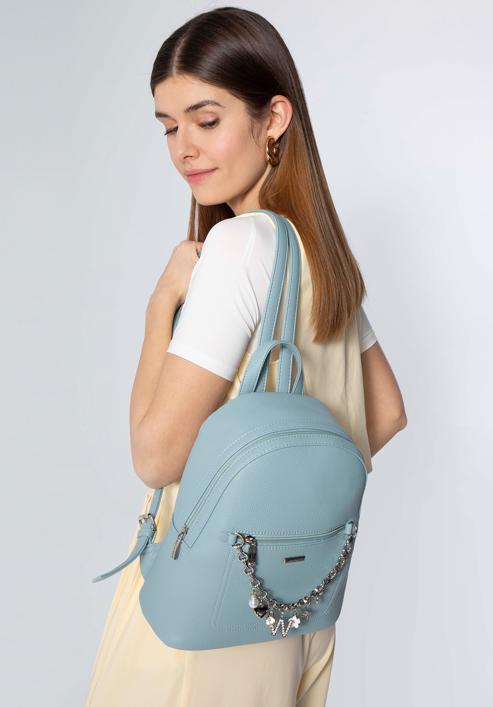 Faux leather backpack with decorative chain detail, blue, 98-4Y-505-1G, Photo 15