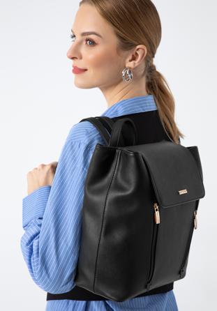 Women's faux leather backpack with vertical pockets, black, 97-4Y-531-1, Photo 1