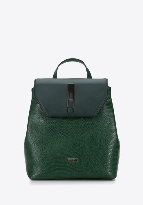 Women's faux leather backpack with geometric buckle, green, 95-4Y-044-11, Photo 1