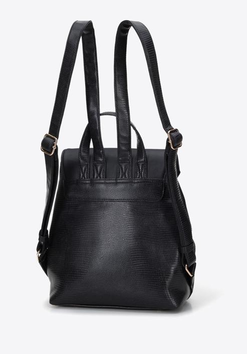 Women's faux leather backpack with geometric buckle, black, 95-4Y-044-11, Photo 2