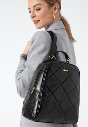 Women's quilted faux leather backpack, black, 97-4Y-620-1, Photo 1