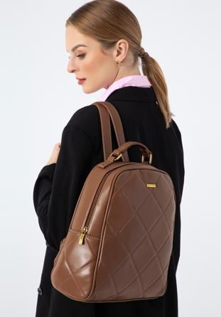 Women's quilted faux leather backpack, brown, 97-4Y-620-5, Photo 1