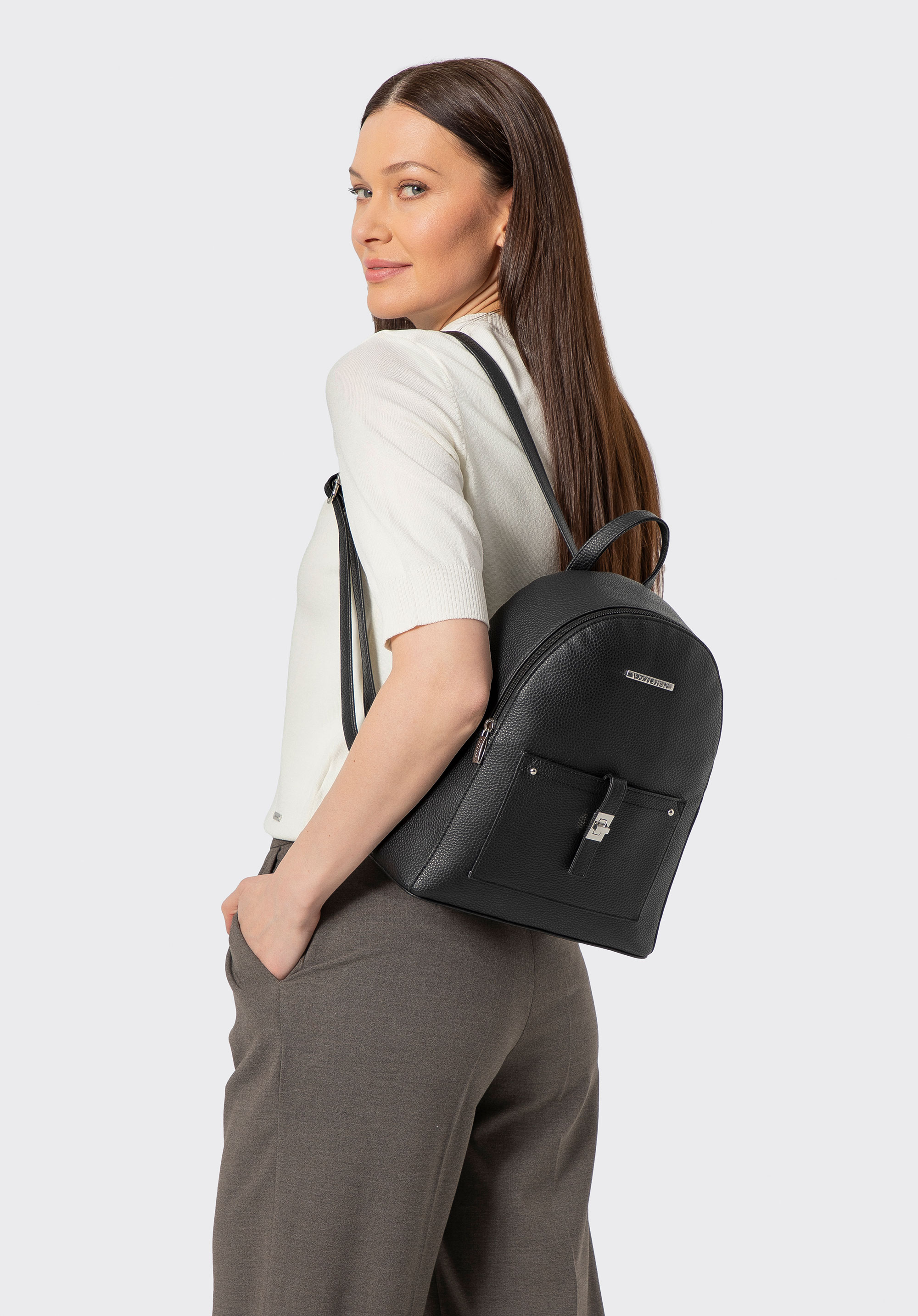 Damski plecak z imitacji skóry z kieszenią na przodzie, czarno-srebrny, 29-4Y-003-B1, Zdjęcie 1