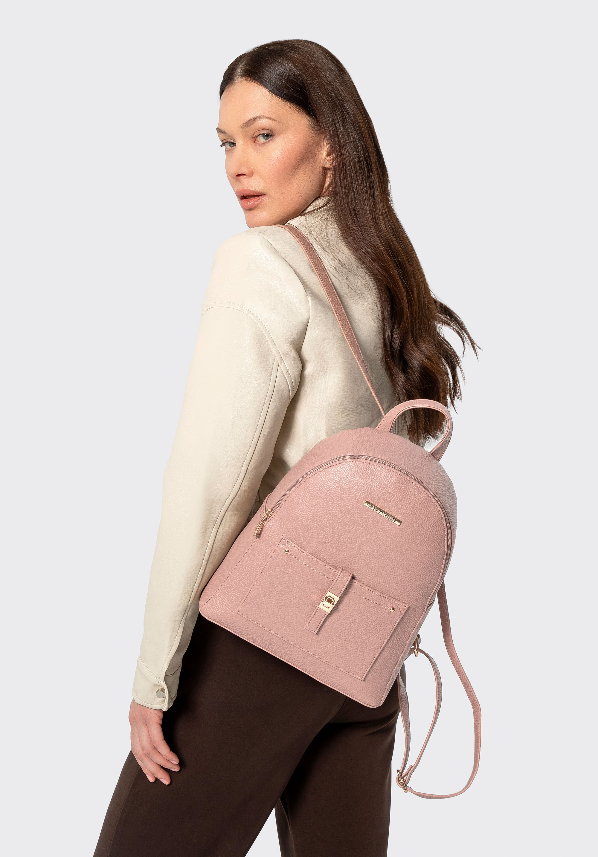 Damski plecak z imitacji skóry z kieszenią na przodzie, różowy, 29-4Y-003-B55, Zdjęcie 1