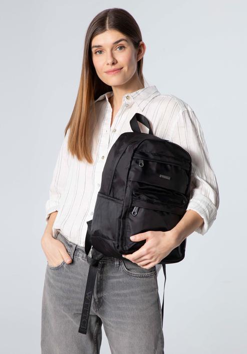 Damski plecak z nylonu duży, czarno-srebrny, 98-4Y-107-1G, Zdjęcie 15