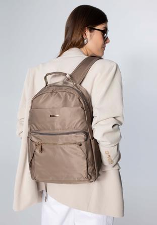 Damski plecak z nylonu z nitami, szarobeżowy, 98-4Y-100-8, Zdjęcie 1