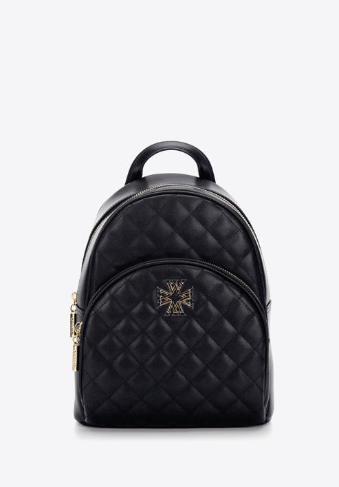 Women's quilted leather backpack with decorative monogram, black, 97-4E-609-P, Photo 1