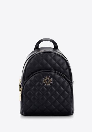 Women's quilted leather backpack with decorative monogram, black, 97-4E-609-1, Photo 1