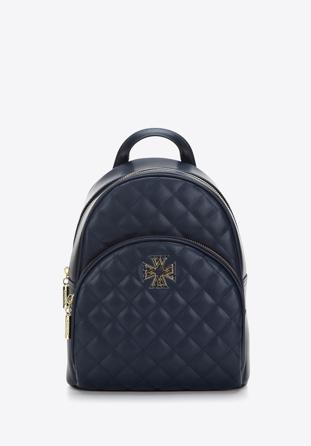 Women's quilted leather backpack with decorative monogram, navy blue, 97-4E-609-N, Photo 1