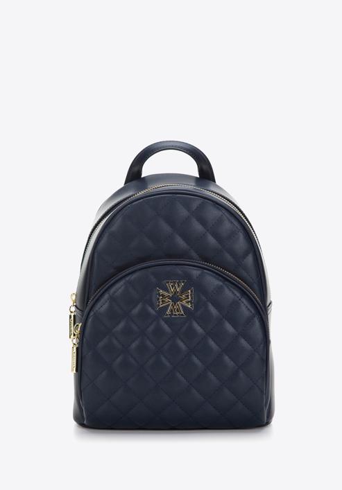 Women's quilted leather backpack with decorative monogram, navy blue, 97-4E-609-1, Photo 1