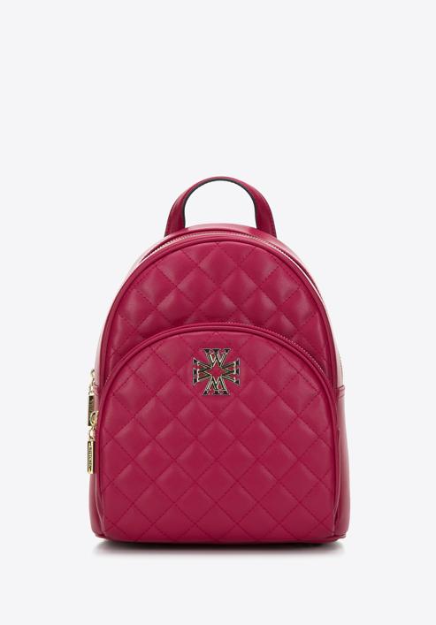 Women's quilted leather backpack with decorative monogram, pink, 97-4E-609-N, Photo 1