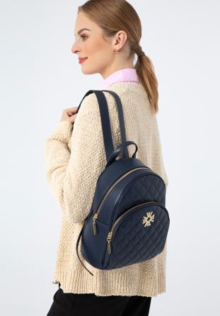 Women's quilted leather backpack with decorative monogram, navy blue, 97-4E-609-N, Photo 1