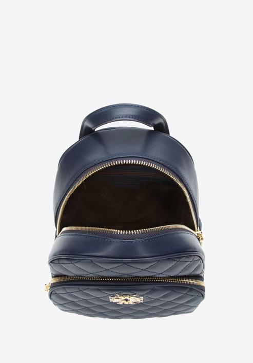 Women's quilted leather backpack with decorative monogram, navy blue, 97-4E-609-1, Photo 3