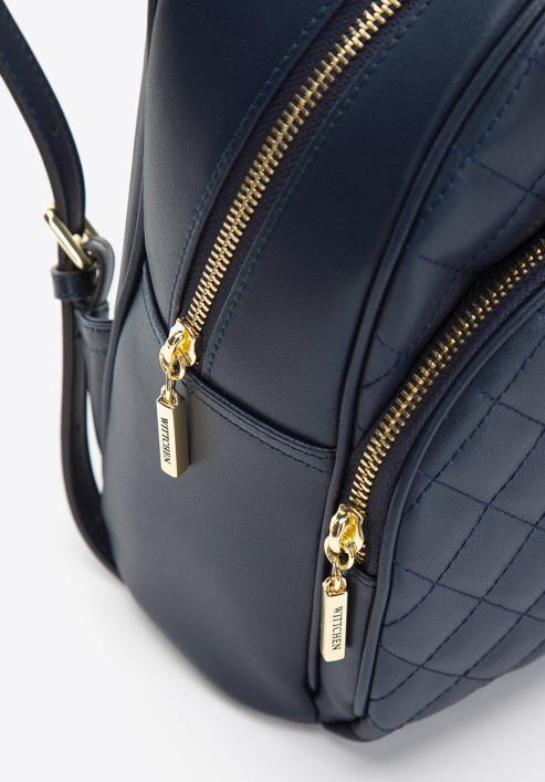 Women's quilted leather backpack with decorative monogram, navy blue, 97-4E-609-1, Photo 4
