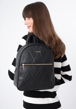 Quilted front faux leather backpack, black, 97-4Y-244-1, Photo 1