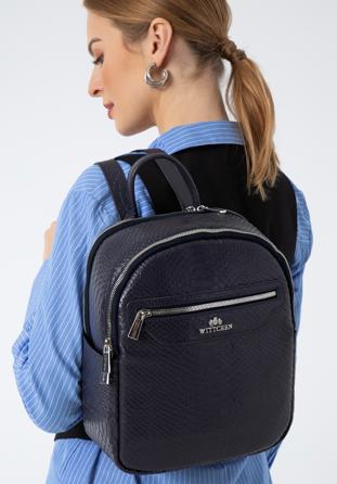 Lizard effect leather backpack purse, navy blue, 97-4E-007-7, Photo 1