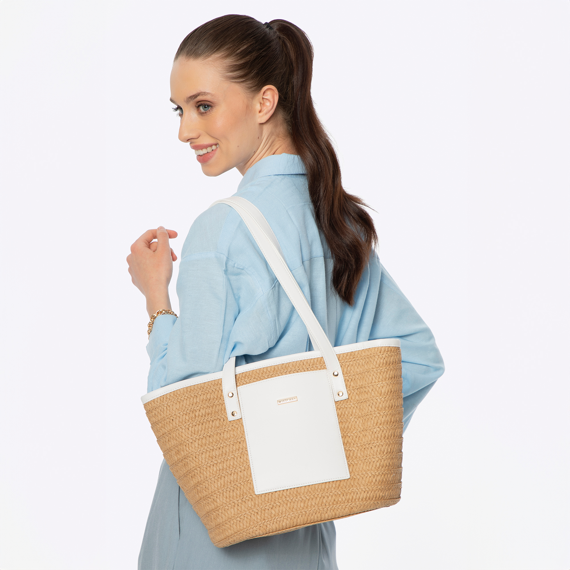 Dámsky tkaný papierový slamený košík béžovo-krémový 100-4Y-906-90