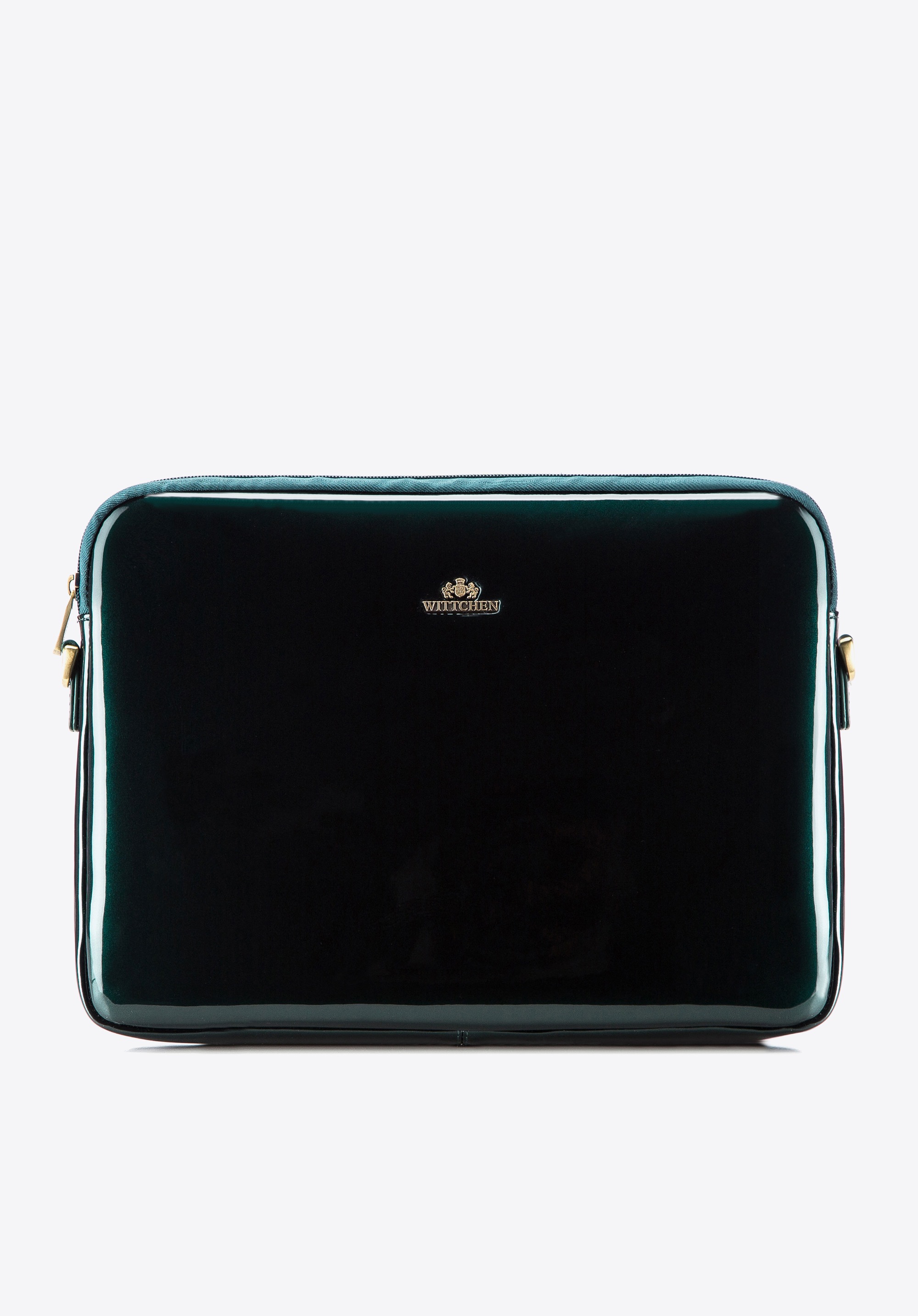 Damski pokrowiec na laptopa 11’’/12’’ skórzany lakierowany, ciemny zielony, 25-2-517-0, Zdjęcie 1