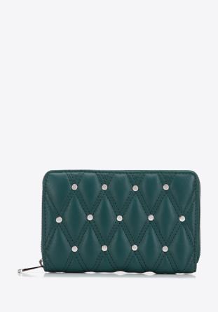 Women's quilted leather wallet with zipper and studs, green, 14-1-939-0, Photo 1