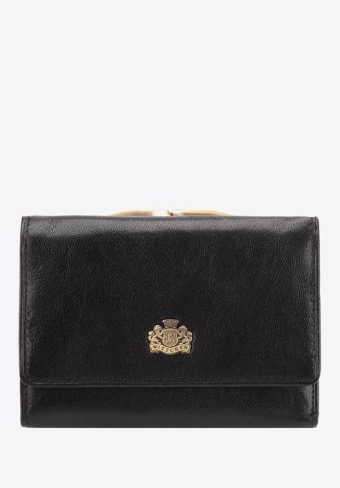 Damski portfel skórzany z herbem na bigiel, czarny, 10-1-053-1, Zdjęcie 1