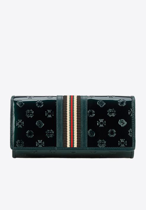 Damski portfel z lakierowanej skóry z monogramem i tasiemką, zielony, 34-1-052-11, Zdjęcie 1
