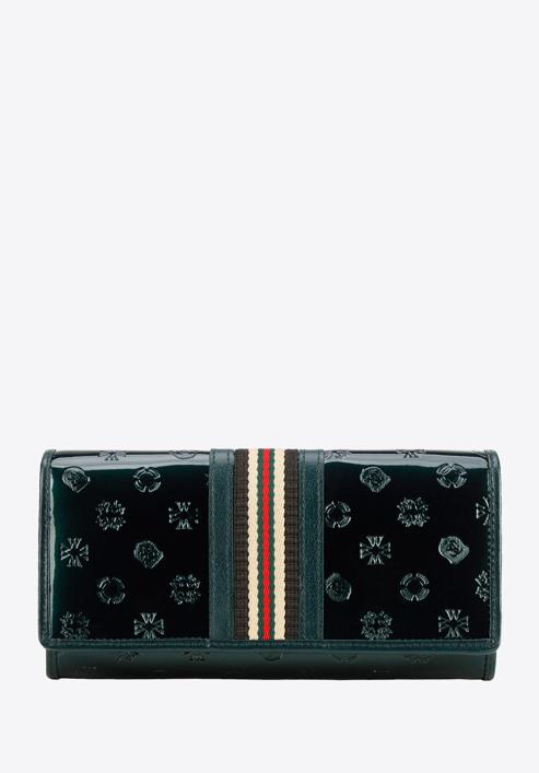 Damski portfel z lakierowanej skóry z monogramem i tasiemką, zielony, 34-1-052-00, Zdjęcie 1