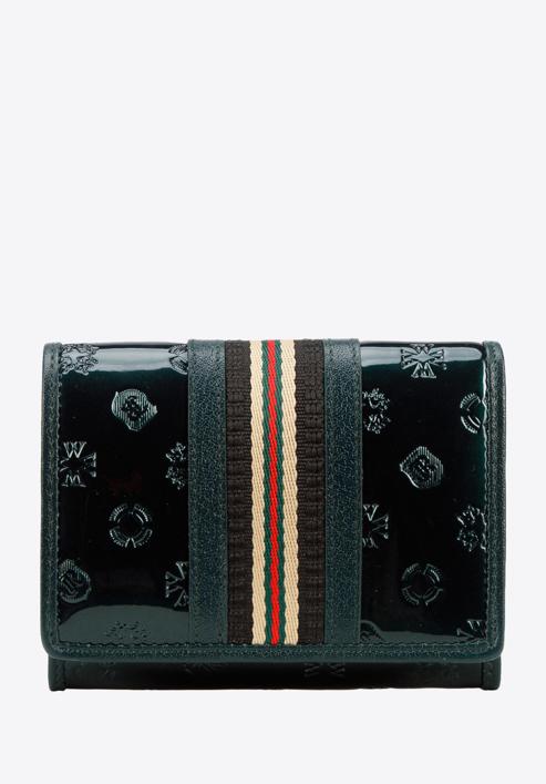 Damski portfel z lakierowanej skóry z monogramem i tasiemką mały, zielony, 34-1-070-11, Zdjęcie 1