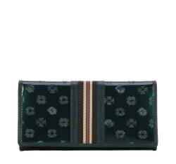 Damski portfel z lakierowanej skóry z monogramem i tasiemką poziomy, zielony, 34-1-075-11, Zdjęcie 1