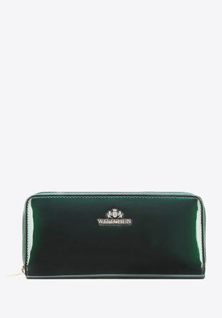 Damski portfel ze skóry lakierowany na suwak, ciemny zielony, 25-1-393-0, Zdjęcie 1