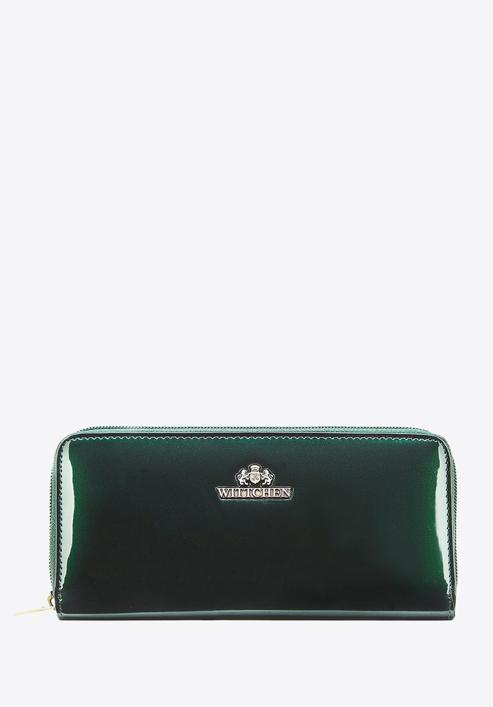 Damski portfel ze skóry lakierowany na suwak, ciemny zielony, 25-1-393-3, Zdjęcie 1