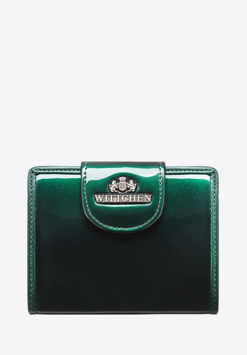 Damski portfel ze skóry lakierowany z ozdobną napą, ciemny zielony, 25-1-362-1, Zdjęcie 1