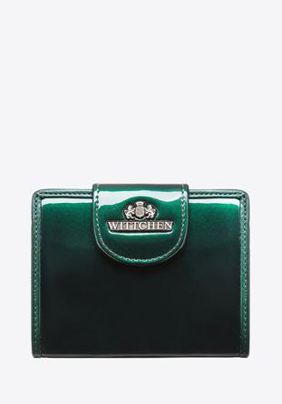 Damski portfel ze skóry lakierowany z ozdobną napą, ciemny zielony, 25-1-362-0, Zdjęcie 1