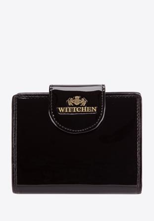 Damski portfel ze skóry lakierowany z ozdobną napą czarny