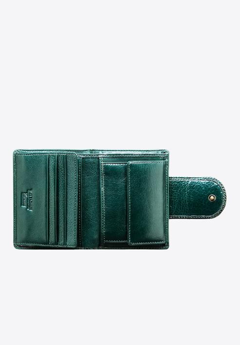Damski portfel ze skóry lakierowany z ozdobną napą, ciemny zielony, 25-1-362-1, Zdjęcie 2