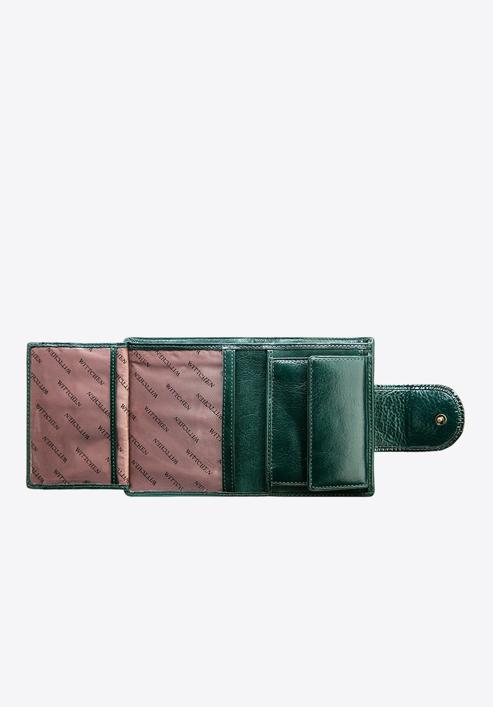 Damski portfel ze skóry lakierowany z ozdobną napą, ciemny zielony, 25-1-362-1, Zdjęcie 3