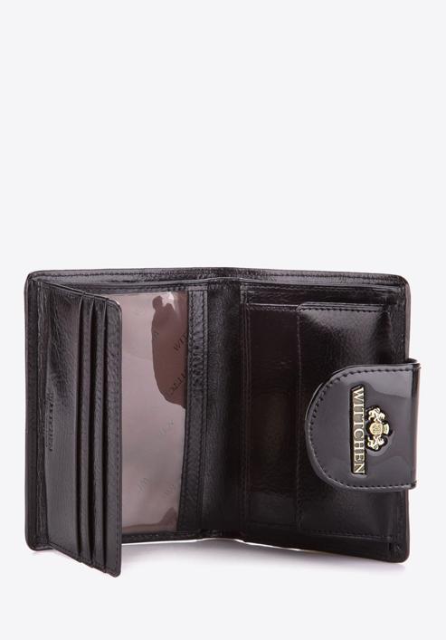 Damski portfel ze skóry lakierowany z ozdobną napą, czarny, 25-1-362-3, Zdjęcie 4