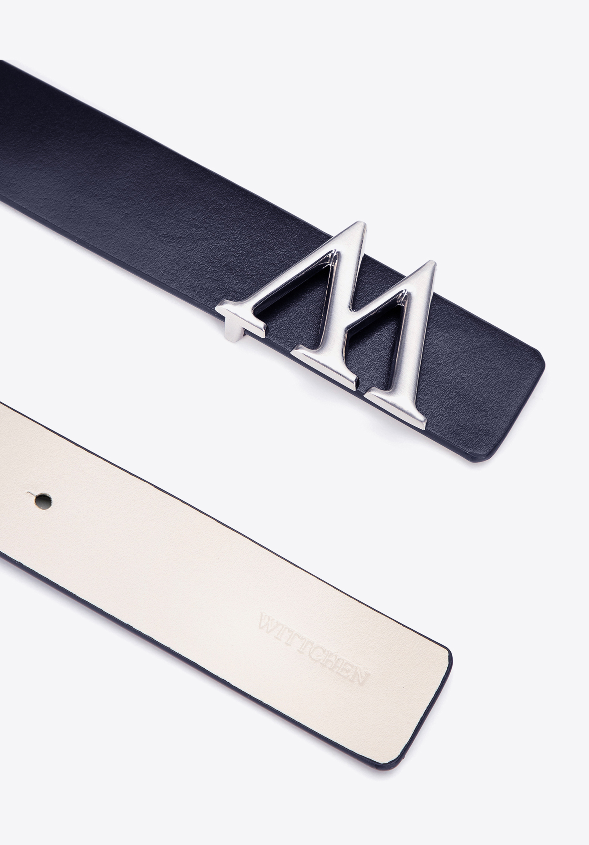 Damski skórzany pasek z literą „W” na klamrze, granatowo-beżowy, 99-8D-129-7-L, Zdjęcie 1